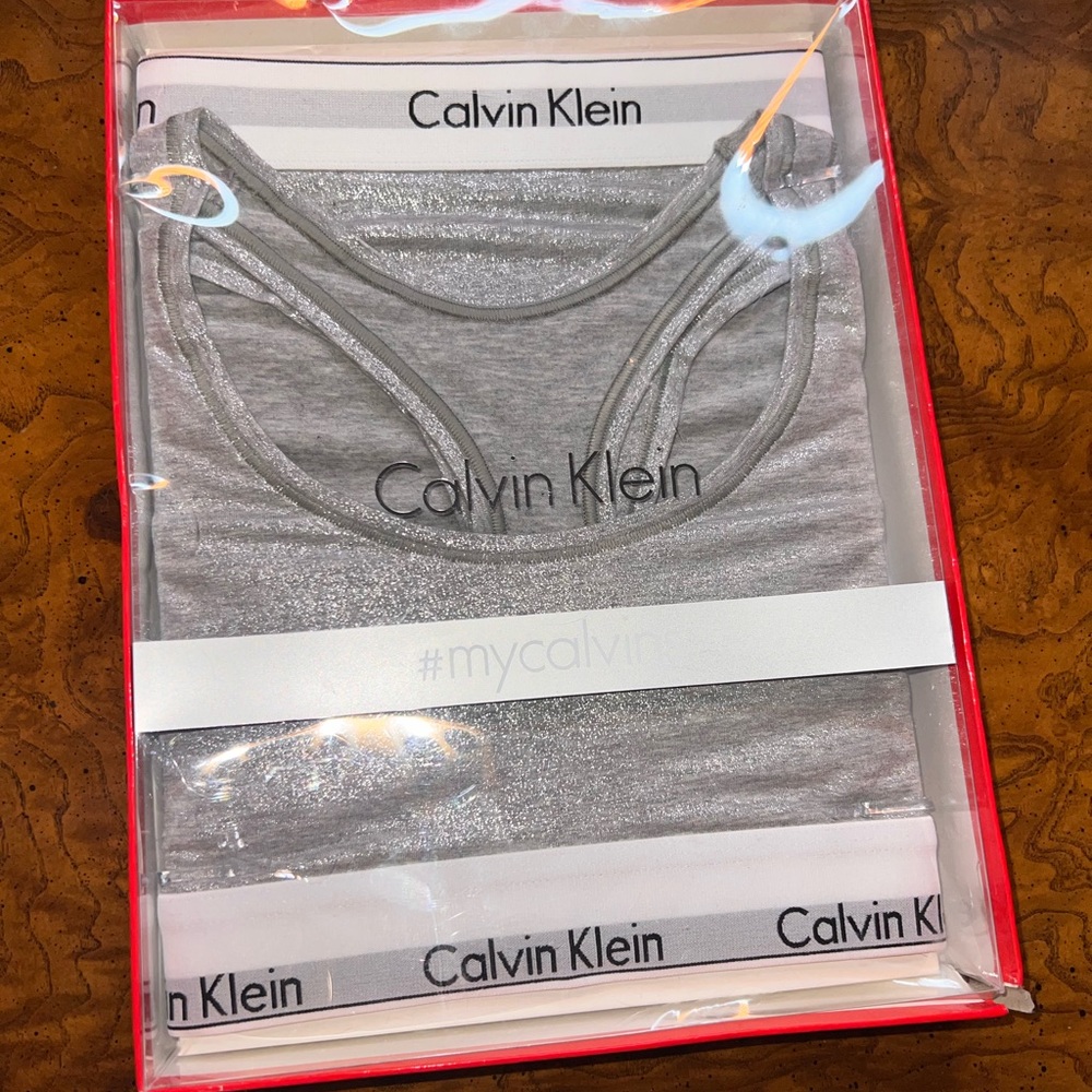 Brand new in the box! Calvin Klein metallic sports bra and matching panties!